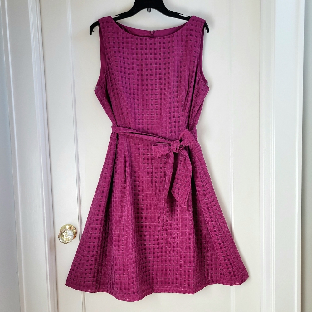 Anne Klein Magenta Shiny Sparkle Shimmer Gingham Check Fit & Flare Dress Size 16